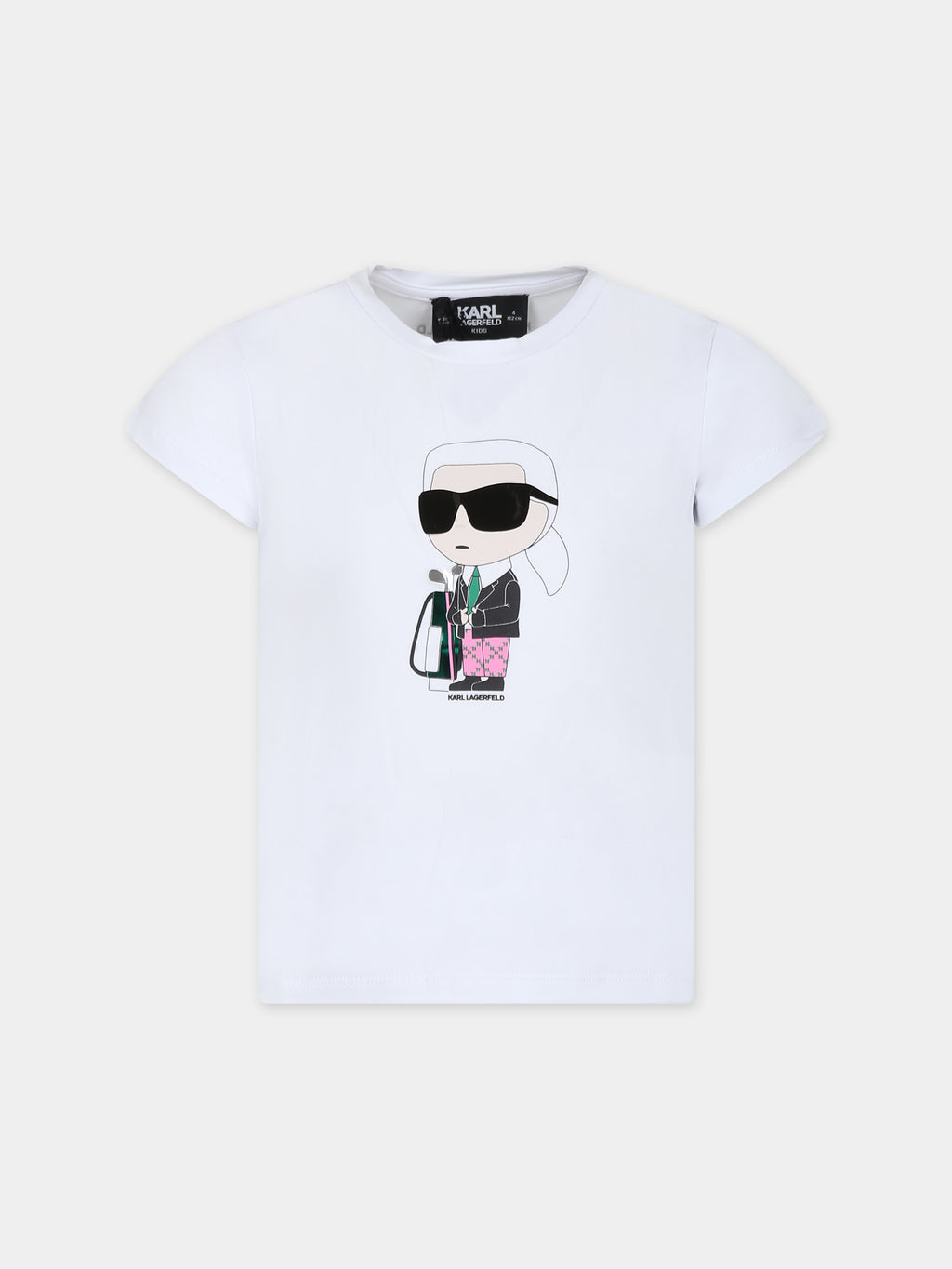 T-shirt bianca per bambina con stampa Karl e borsa da golf